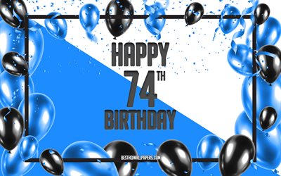 嬉しい74歳の誕生日, お誕生日の風船の背景, 青誕生の背景, 74分には嬉しいお誕生日, 青黒の風船, 74年の誕生日, カラフルな誕生日のパターン, お誕生日おめで背景