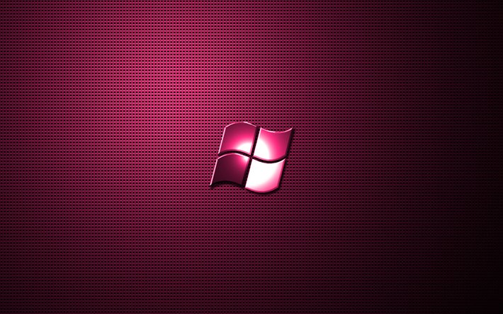 Windows pink logo, artwork, metal grid background, Windows logo, creative, Windows, Windows metal logo