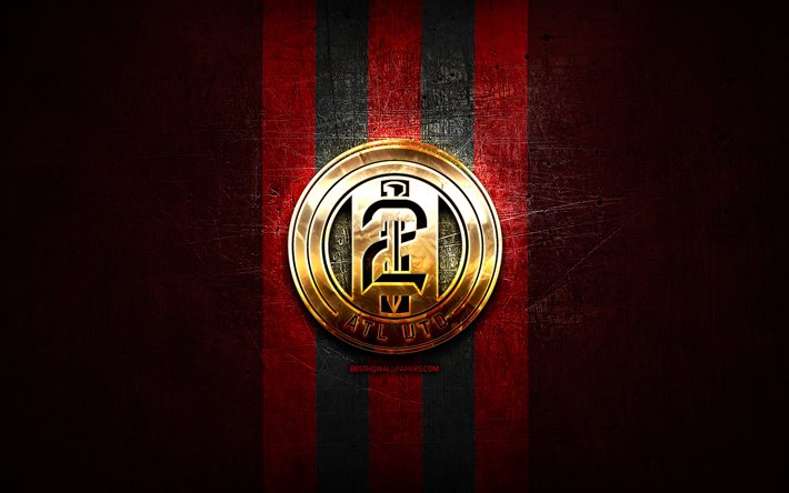 Atlanta United 2 FC, golden logo, USL, red metal background, american soccer club, United Soccer League, Atlanta United 2 logo, soccer, USA