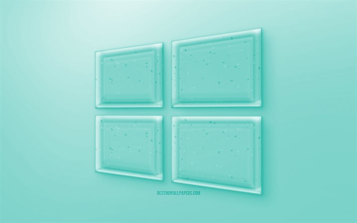 Windows 10 3D logo, Turquoise background, Turquoise Windows 10 jelly logo, Windows 10 emblem, creative 3D art, Windows