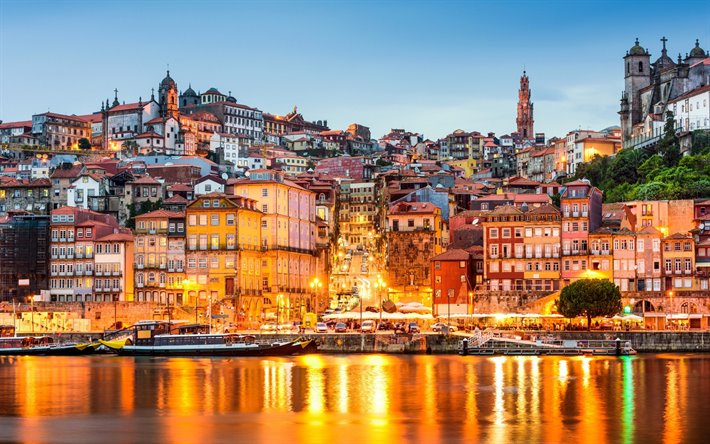 Porto, anochecer, bah&#237;a, puesta de sol, paisaje urbano de Porto, casas de colores, Portugal