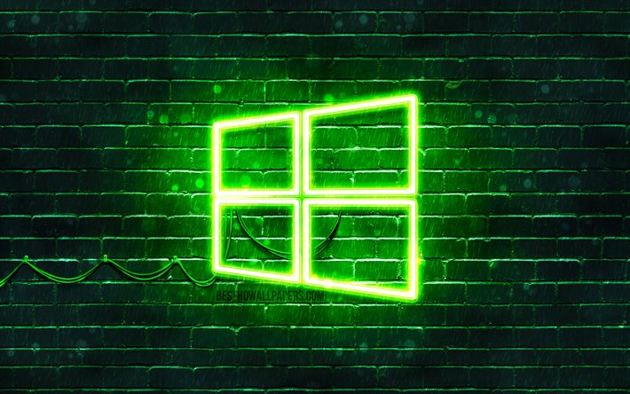 Windows10グリーン-シンボルマーク, 4k, 緑brickwall, Windows10のロゴ, ブランド, Windows10のネオンのロゴ, Windows10