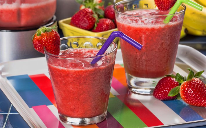 strawberry smoothies, 4k, berries, fruits, breakfast, smoothie in glassful, healthy food, smoothie glasses, strawberry, fruit smoothies, smoothies with strawberry