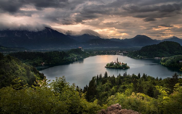 Lake Bled, evening, sunset, mountain landscape, forest, beautiful lake, landmark Slovenia, Julian Alps, Upper Carniolan region