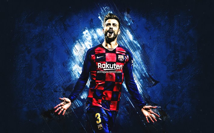 Gerard Pique, FC Barcelona, portrait, Spanish footballer, blue creative background, La Liga, Spain, Catalonia, football, Pique Barcelona