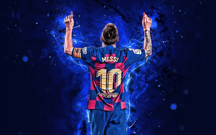 4k, Lionel Messi, 2019, new uniform, Barcelona FC, back view, argentinian footballers, FCB, football stars, La Liga, Messi, neon lights, LaLiga, Messi back view, Spain, Barca, soccer, Leo Messi