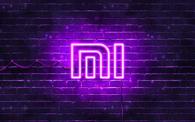 Xiaomi violet logo, 4k, violet brickwall, Xiaomi logo, brands, Xiaomi neon logo, Xiaomi