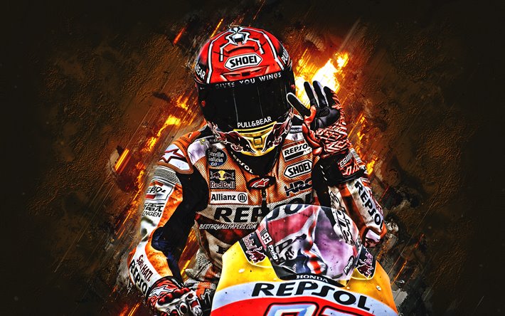Marcを追, スペインのバイクレーサー, Repsolホンダチーム, MotoGP, オレンジ色石の背景, 【クリエイティブ-アート