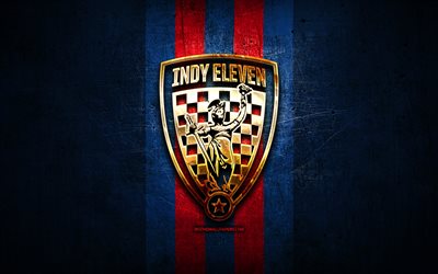 Indy Elva FC, golden logotyp, USL, bl&#229; metall bakgrund, amerikansk fotboll club, United Soccer League, Indy Elva logotyp, fotboll, USA