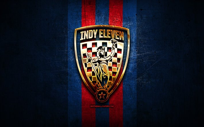 Indy Eleven FC, kultainen logo, USL, sininen metalli tausta, american soccer club, United Soccer League, Indy Eleven-logo, jalkapallo, USA