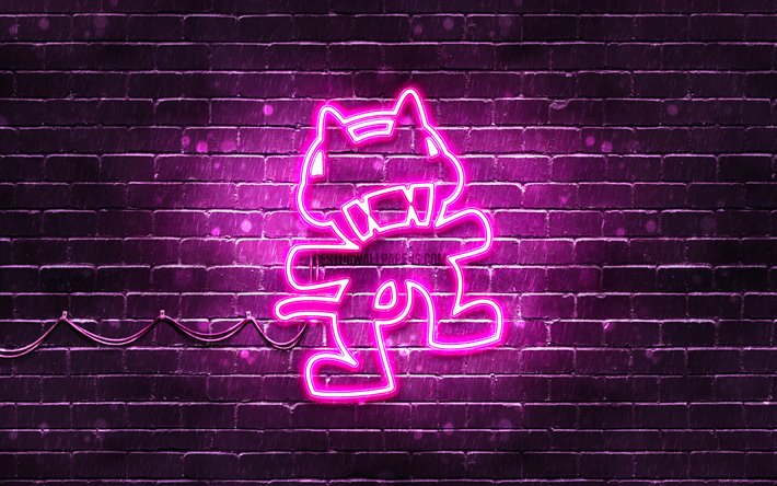 Monstercat violetti logo, 4k, supert&#228;hti&#228;, violetti brickwall, Monstercat-logo, kuvitus, Monstercat neon-logo, musiikin t&#228;hdet, Monstercat