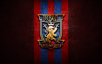 Real Monarchs FC, golden logo, USL, red metal background, american soccer club, United Soccer League, Real Monarchs logo, soccer, USA