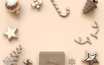 Christmas beige background, Christmas frame, christmas beige toys, New Year, 2020 concepts, Christmas