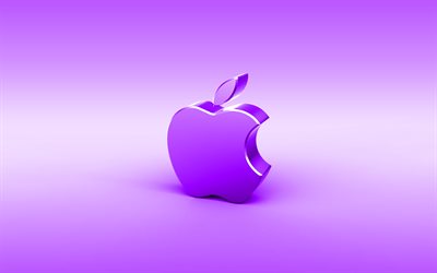 Apple violet 3D logo, minimal, mor arka plan, Apple logosu, yaratıcı, Apple metal logo, Apple 3D logo, resimler, Apple