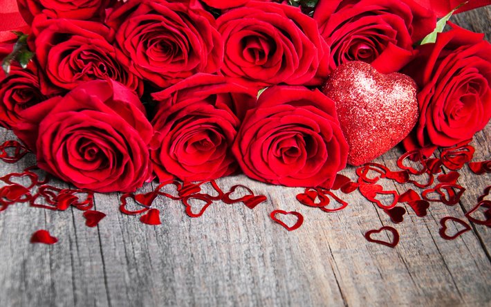 الورود الحمراء, قلب أحمر, هدية رومانسية, 14 فبراير, الخلفية مع الورود الحمراء
