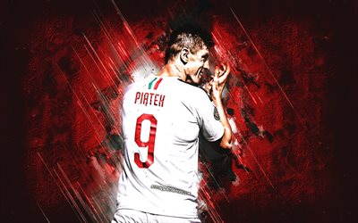 Krzysztof Piatek, AC Milan, Polish footballer, forward, portrait, red stone background, Serie A, Italy, football, Piatek Milan