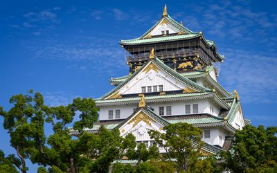 Castelo De Osaka, Castelo japon&#234;s, marco, ver&#227;o, belo castelo branco, Osaka, Jap&#227;o