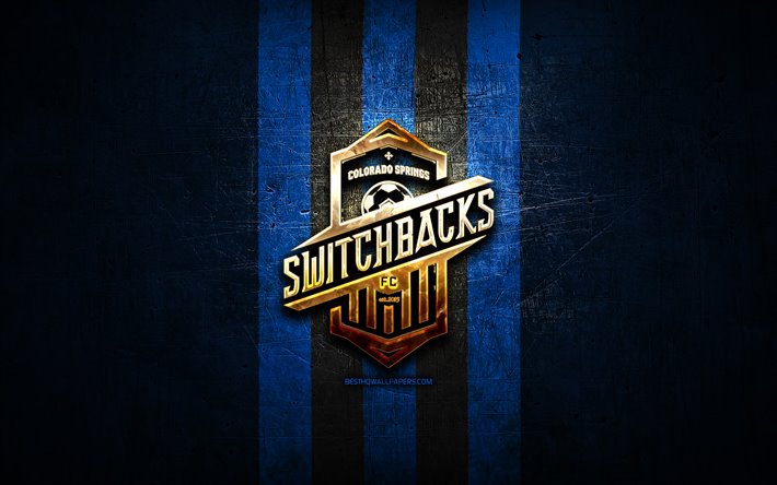 Colorado Springs Switchbacks FC, ouro logotipo, USL, metal azul de fundo, americano futebol clube, United Soccer League, Colorado Springs Switchbacks logotipo, futebol, EUA