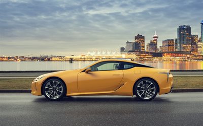 Lexus LC 500, 2019, side view, yellow sports coupe, new yellow LC 500, japanese cars, Lexus