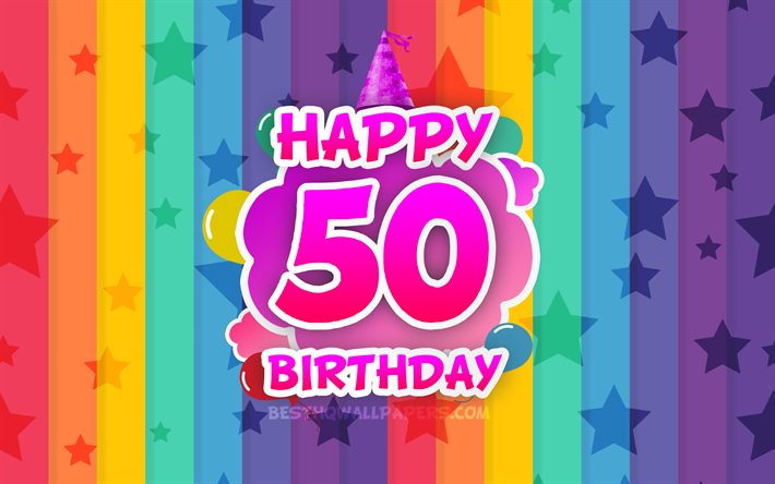Happy 50th birthday, colorful clouds, 4k, Birthday concept, rainbow background, Happy 50 Years Birthday, creative 3D letters, 50th Birthday, Birthday Party, 50th Birthday Party