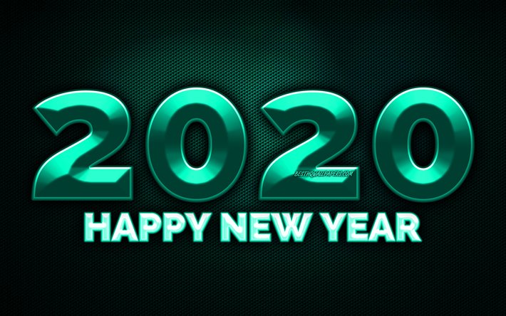 2020 turquoise 3D digits, 4k, turquoise metal grid background, Happy New Year 2020, 2020 metal art, 2020 concepts, turquoise metal digits, 2020 on turquoise background, 2020 year digits
