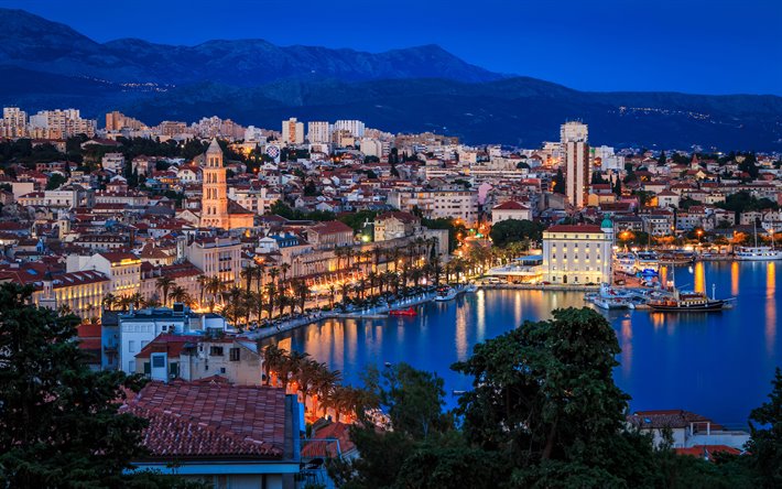 Split, 4k, embankment, pier, Croatian cities, Split at evening, Croatia, Europe