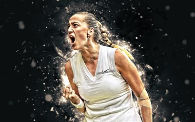 Petra Kvitova, 4k, checa los jugadores de tenis, WTA, blanco de las luces de ne&#243;n, pista de tenis, fan art, Petra Kvitova 4K