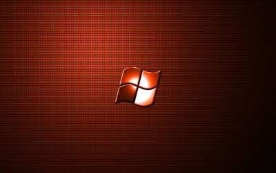 Windows arancione logo, illustrazione, metallo, griglia di sfondo, il logo di Windows, creativo, Windows, Windows logo in metallo
