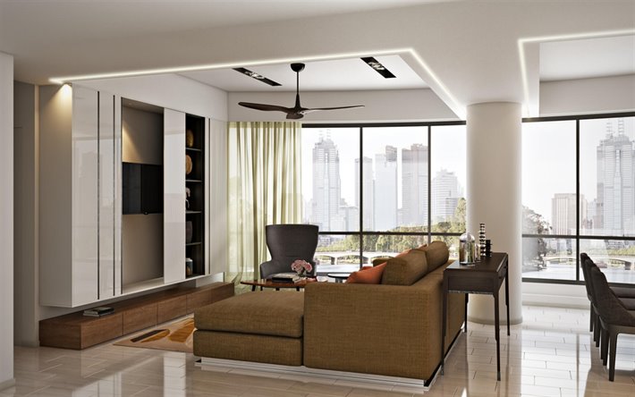 stylish apartments, living room, modern interior design, white gloss furniture, living room project