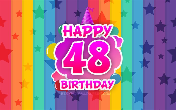 سعيد 48 عيد ميلاد, الغيوم الملونة, 4k, عيد ميلاد مفهوم, خلفية قوس قزح, سعيد 48 سنة تاريخ الميلاد, الإبداعية 3D الحروف, 48 عيد ميلاد, عيد ميلاد