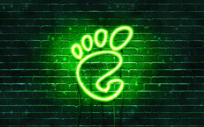 4k, Gnome yeşil logo, yeşil brickwall, Gnome logosu, Linux, marka, logo, neon Gnome, Gnome