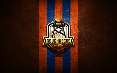 Tulsa Roughnecks FC, golden logo, USL, orange metal background, american soccer club, United Soccer League, Tulsa Roughnecks logo, soccer, USA