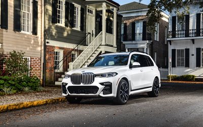BMW X7, 2019, xDrive50i, esterno, vista frontale, bianco nuovo X7, SUV di lusso, auto tedesche, BMW