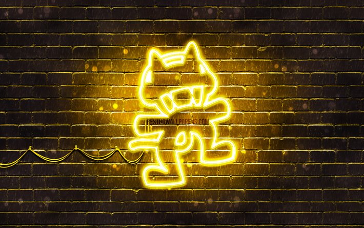 Monstercat keltainen logo, 4k, supert&#228;hti&#228;, keltainen brickwall, Monstercat-logo, kuvitus, Monstercat neon-logo, musiikin t&#228;hdet, Monstercat
