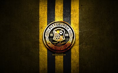 Pittsburgh Riverhounds FC, golden logo, USL, yellow metal background, american soccer club, United Soccer League, Pittsburgh Riverhounds logo, soccer, USA