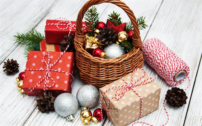 cristmas geschenke, neues jahr, silber-weihnachtskugeln, weihnachten, korb, weihnachten geschenke
