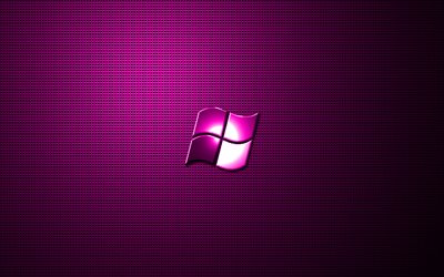 Windows viola logo, illustrazione, metallo, griglia di sfondo, il logo di Windows, creativo, Windows, Windows logo in metallo