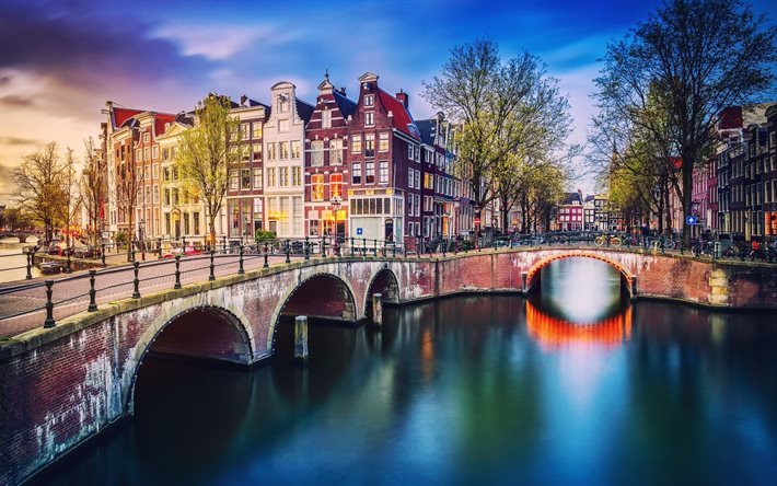 Amsterdam, pa&#237;ses Bajos, casas, puente, canal