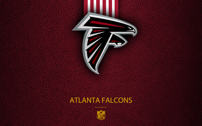 Atlanta Falcons, 4k, Amerikan Futbolu, logo, amblem, G&#252;rcistan, ABD, NFL, koyu kırmızı deri doku, Ulusal Futbol Ligi, G&#252;ney B&#246;l&#252;m&#252;