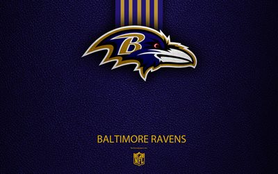 Baltimore Ravens, 4k, American football, logo, emblem, Maryland, USA, NFL, blue leather texture, National Football League, Northern Division