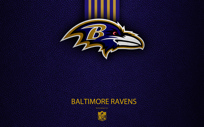 Baltimore Ravens, 4k, Amerikan Futbolu, logo, amblem, Maryland, ABD, NFL, mavi deri doku, Ulusal Futbol Ligi, Kuzey B&#246;l&#252;m&#252;