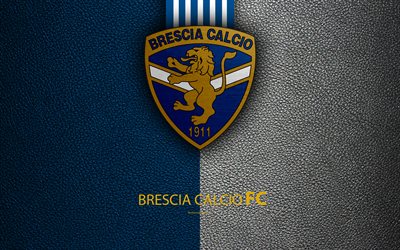 Brescia Calcio, 4k, Italian football club, logo, Brescia, Italy, Serie B, blue white leather texture, football, Italian Football Championships
