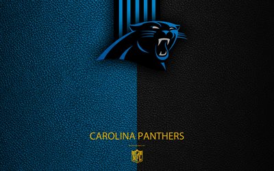 Carolina Panthers, 4k, American football, logo, emblem, Charlotte, North Carolina, USA, NFL, blue black leather texture, National Football League, Southern Division