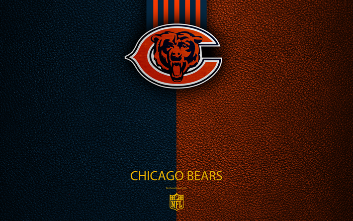 Bears de Chicago, 4k, football Am&#233;ricain, logos, embl&#232;mes, Chicago, Illinois, etats-unis, de la NFL, de l&#39;orange au bleu de cuir de texture de la Ligue Nationale de Football, Division du Nord