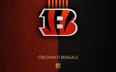 Cincinnati Bengals, 4k, American football, logo, emblem, Cincinnati, Ohio, USA, NFL, black orange leather texture, National Football League, Northern Division