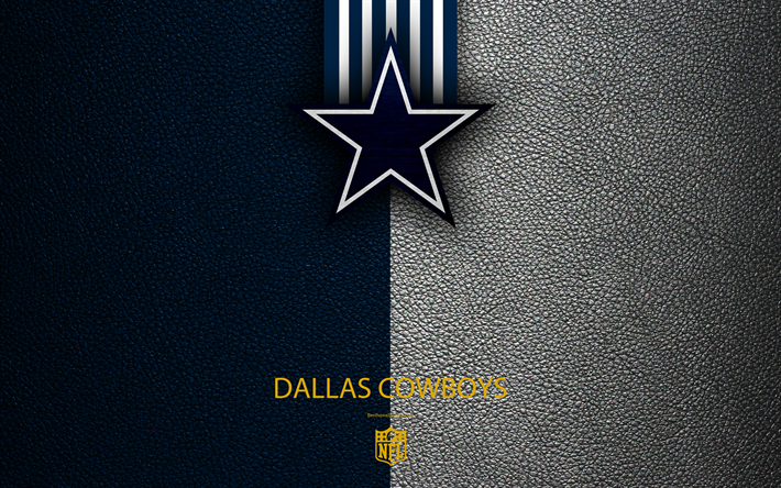 Dallas Cowboys, 4k, American football, logo, emblem, Arlington, Texas, USA, NFL, blue white leather texture, National Football League, Eastern Division