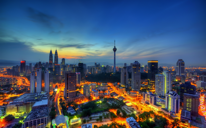 4k, Malasia, Kuala Lumpur, puesta de sol, paisajes nocturnos, modernos edificios, rascacielos, Asia