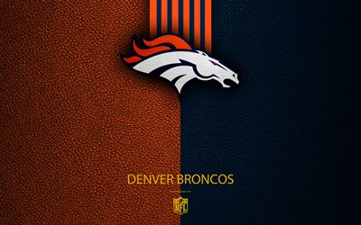 Denver Broncos, 4k, American football, logo, emblem, Denver, Colorado, USA, NFL, blue white leather texture, National Football League, Western Division