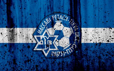 4k, FC Maccabi Petah Tikva, grunge, Ligat haAl, logo, football club, Israel, Maccabi Petah Tikva, art, soccer, stone texture, Maccabi Petah Tikva FC