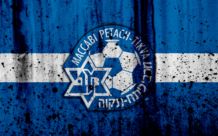 4k, FC Maccabi Petah Tikva, grunge, Ligat haAl, logo, Futbol Kul&#252;b&#252;, İsrail, Maccabi Petah Tikva, sanat, futbol, taş doku, Maccabi Petah Tikva FC